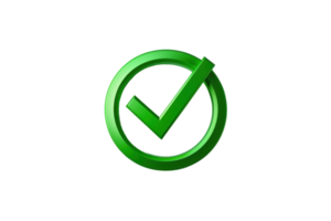 A green checkmark symbol on a transparent background representing approval, confirmation, success, or completion in digital applications. png