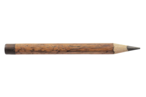 Close-up of a short, used wooden pencil on a transparent background. The pencil is sharpened, showing signs of wear and character. png