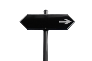 Black signpost with a right arrow on a transparent background. symbolizing guidance, direction, and navigation for travelers and decision-makers. png