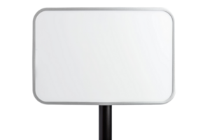 Blank white sign with metallic frame and black post isolated on transparent background. Suitable for advertisement, announcement, or information display. png