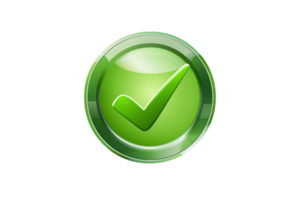 A vibrant green check mark symbol on a circular button, representing confirmation, approval, or completion on a transparent background. png