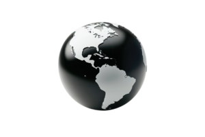 Glossy black and white globe highlighting North and South America, representing global connectivity and earth's geography. png