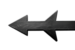 Black wooden arrow pointing left on a transparent background. Rustic and vintage style directional sign suitable for various design projects. png