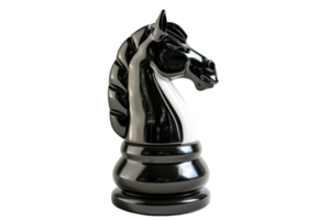 Shiny black knight chess piece isolated against transparent background. symbolizing strategic gameplay and competition in a classic board game. png