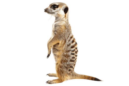 kant visie van een meerkat staand rechtop Aan een transparant achtergrond. presentatie van haar onderscheiden vacht patroon en alarm houding. png
