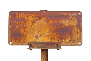 Close-up of a rusty old metal sign showing signs of wear and aging, isolated on a transparent background. png