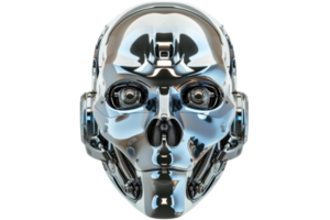 Close-up of a futuristic, metallic robot face with intricate details and shiny chrome finish, resembling an advanced artificial intelligence concept. png
