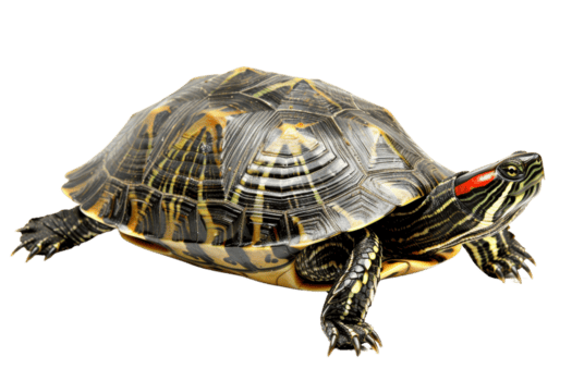 avvicinamento di un' dalle orecchie rosse cursore tartaruga con distintivo marcature su suo conchiglia e vivace rosso cerotti vicino suo occhi su trasparente sfondo. png