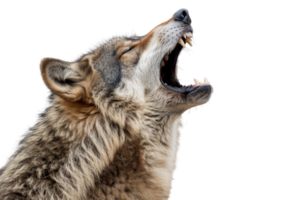 Close-up of a wolf howling with mouth open wide, displaying sharp teeth and detailed fur texture. Isolated on transparent background. png