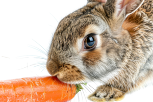 Close-up of a cute rabbit nibbling on a fresh orange carrot, showing the adorable details of its face and the texture of the carrot. png