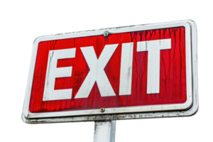 Close-up of a red and white exit sign, isolated on transparent background. Sign shows signs of weathering and aging. png
