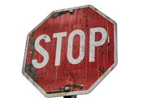 Close-up of a weathered and rusty stop sign with a red background and white lettering, showing signs of age and wear. png