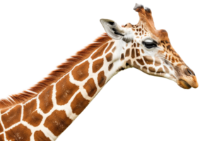 Close-up of a giraffe with distinctive patterns and long neck against a transparent background. Ideal for wildlife, nature, and animal-themed designs. png