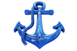 High-resolution image of a vibrant blue anchor with detailed texture and a wrapped rope, isolated on a transparent background. png