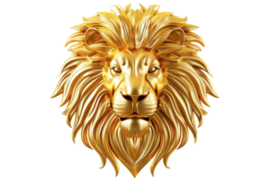 Golden lion head statue with intricate details, symbolizing power and royalty, isolated on a transparent background. Perfect for design and decoration. png