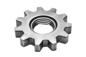 High-quality image of a shiny metal gear with precision-cut teeth, isolated on a transparent background. Ideal for industrial and mechanical themes. png