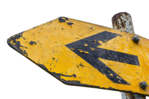Old yellow rusty road sign with black arrow pointing left, isolated over transparent background. Perfect for vintage or travel concepts. png