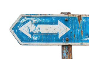 Old weathered blue direction sign with arrows pointing left and right, isolated on transparent background. Perfect for travel or navigation themes. png