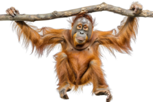 Playful orangutan hanging from a tree branch, isolated on a transparent background. Perfect for diverse wildlife and nature collections. png