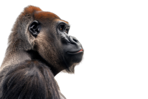 Profile of a majestic gorilla on a transparent background. showcasing its strong features and contemplative expression. png