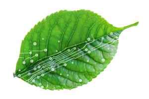 Green leaf with a digital circuit pattern representing technology and nature integration. Ideal for eco-friendly, tech, and innovation concepts. png
