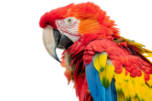 Vibrant close-up of a colorful parrot with striking red, yellow, and blue feathers against a transparent background. png