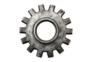 High-resolution image of a metallic gear on a transparent background. showcasing intricate details and mechanical design ideal for industrial themes. png
