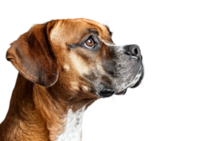 Side profile of a brown and white boxer dog with alert expression, isolated on a transparent background. png