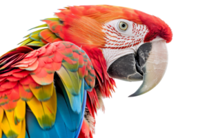 Vibrant close-up of a colorful parrot with detailed feathers and distinctive beak against a transparent background. Perfect for wildlife and nature themes. png