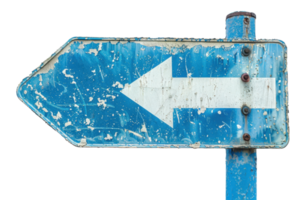 Vintage blue arrow sign pointing left with weathered texture, isolated on transparent background. Ideal for navigation or retro-themed designs. png