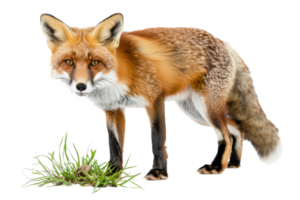 A realistic depiction of a red fox standing on grass, isolated on a transparent background. Perfect for wildlife and nature-themed projects. png