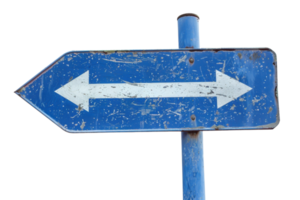 Vintage blue road sign with white arrows pointing left and right, isolated on a transparent background. Weathered and rustic appearance. png