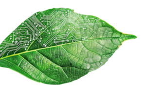 Green leaf with integrated circuit patterns, symbolizing the fusion of technology and nature, representing innovation in eco-technology. png