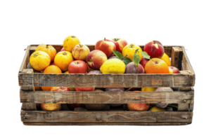 A rustic wooden crate filled with a variety of fresh fruits, including apples, oranges, and lemons, isolated on a transparent background. png