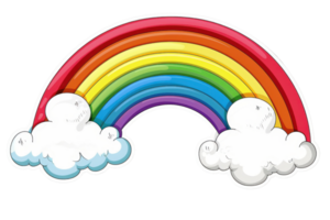 Bright, colorful rainbow arc with fluffy white clouds on either end. Vibrant illustration perfect for cheerful and uplifting designs. png