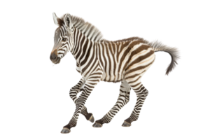 A vivid image of a zebra, showcasing its striking black-and-white stripes and intricate patterns as it moves gracefully. png