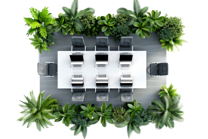Top view of modern office conference table surrounded by green plants, blending nature and work environment harmoniously. png