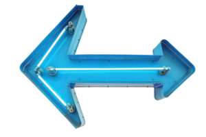 Blue neon arrow pointing left, isolated on a transparent background. ideal for direction, navigation, and signage concepts in retro style. png