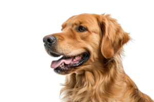 Friendly Golden Retriever portrait isolated on transparent background. Lively and charming pet with a happy expression, perfect for dog lovers. png