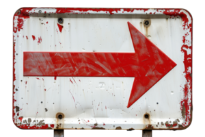 A weathered, white metal sign with a large red arrow pointing to the right. The sign shows signs of age with rust and chipped paint. png