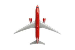Aerial view of a red and white airplane isolated on a transparent background. showcasing the symmetry and design of the modern aircraft. png