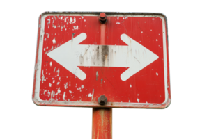 Weathered red roadside sign with dual arrows pointing left and right, symbolizing choice, decision, and directionality. png