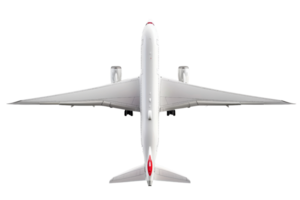 High-angle view of a commercial airplane in flight, isolated on transparent background. showing wings, engines, and fuselage details. png