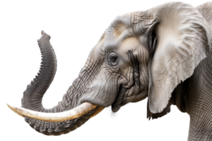 Close-up of a majestic African Elephant with detailed wrinkled skin and large tusks, isolated on a transparent background. png