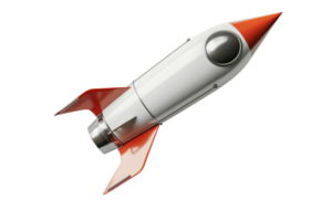 A stylish 3D rendered rocket with a sleek design and red accents, representing space exploration and futuristic technology. png