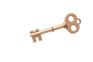 Vintage brass key isolated on transparent background. symbolizing security, mystery, and retro style. Perfect for design or illustration purposes. png