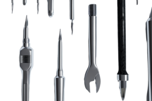 Close-up of various precision tools, including screwdrivers, wrenches, and other mechanical instruments, isolated on transparent background. png
