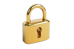 Shiny golden padlock isolated on transparent background. Symbol of security, privacy, and protection. Ideal for safety concepts and secure access visuals. png