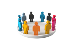 Colorful figures standing in a circle on a white platform, symbolizing teamwork, diversity, and unity in a 3D illustration. png