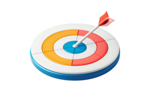 Colorful dartboard with a single red dart hitting the center. Perfect for concepts of success, accuracy, and goal achievement. png